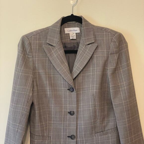 Calvin Klein 4 button up blazer Corpcore gray brown neutral work tweed wool - Picture 2 of 7